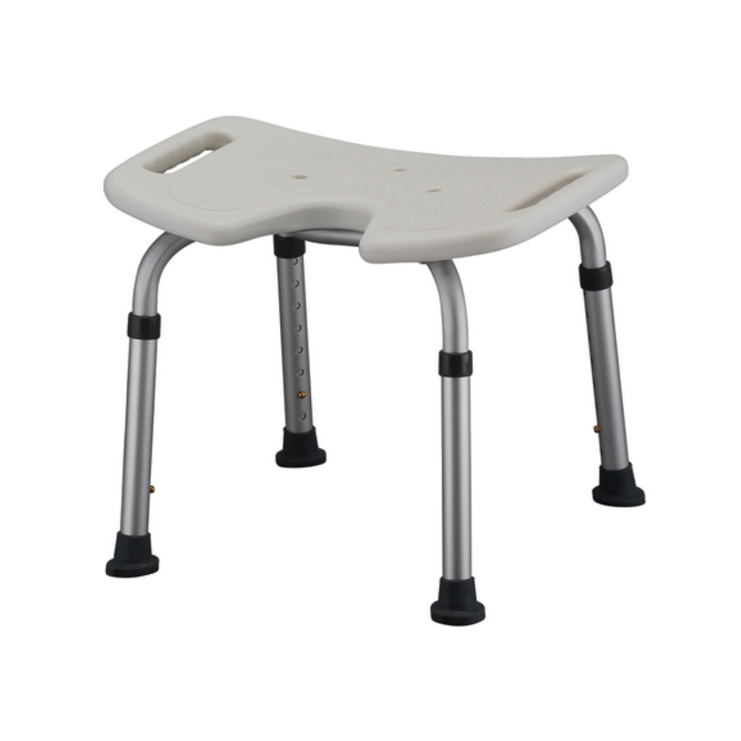 The Nova Medical Bath Seat With Hygienic U-Shape Seat features a contoured white plastic seat with drainage holes and side handles, adjustable-height aluminum legs, and non-slip rubber caps for stability.
